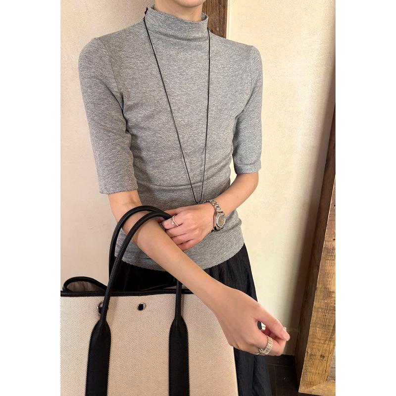 Women's solid color half-high collar, mid-sleeve, versatile basic slim-fit lace T-shirt, suitable for inner or outer wear, comfortable, YE0251 Women's solid color half-high collar, mid-sleeve, versatile basic slim-fit lace T-shirt, suitable for inner or outer wear, comfortable, YE0251