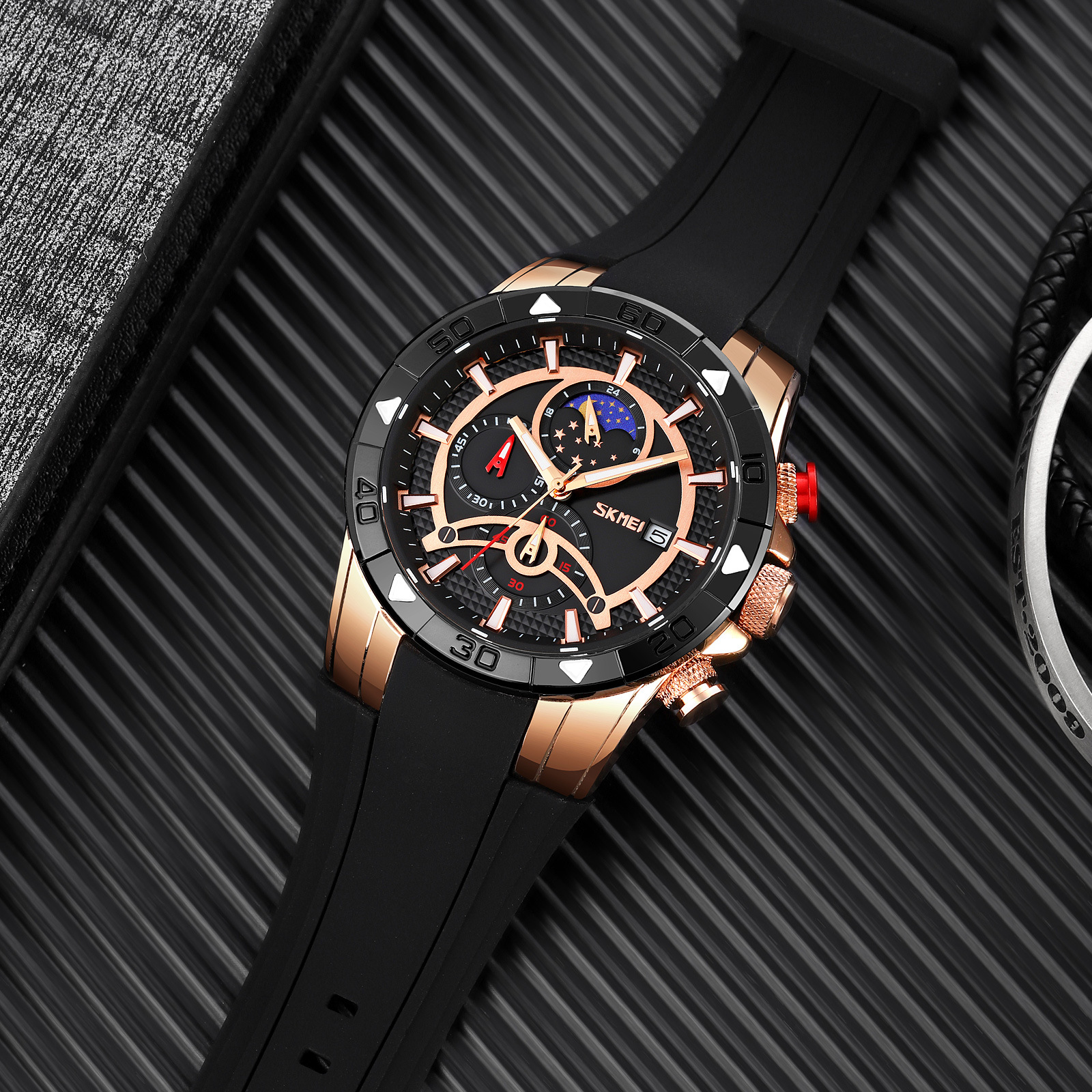 Momentos de belleza para hombres cronógrafo multifuncional de cuarzo muestra fase lunar reloj de pulsera impermeable correa de silicona reloj de deportes transfronterizos para hombres