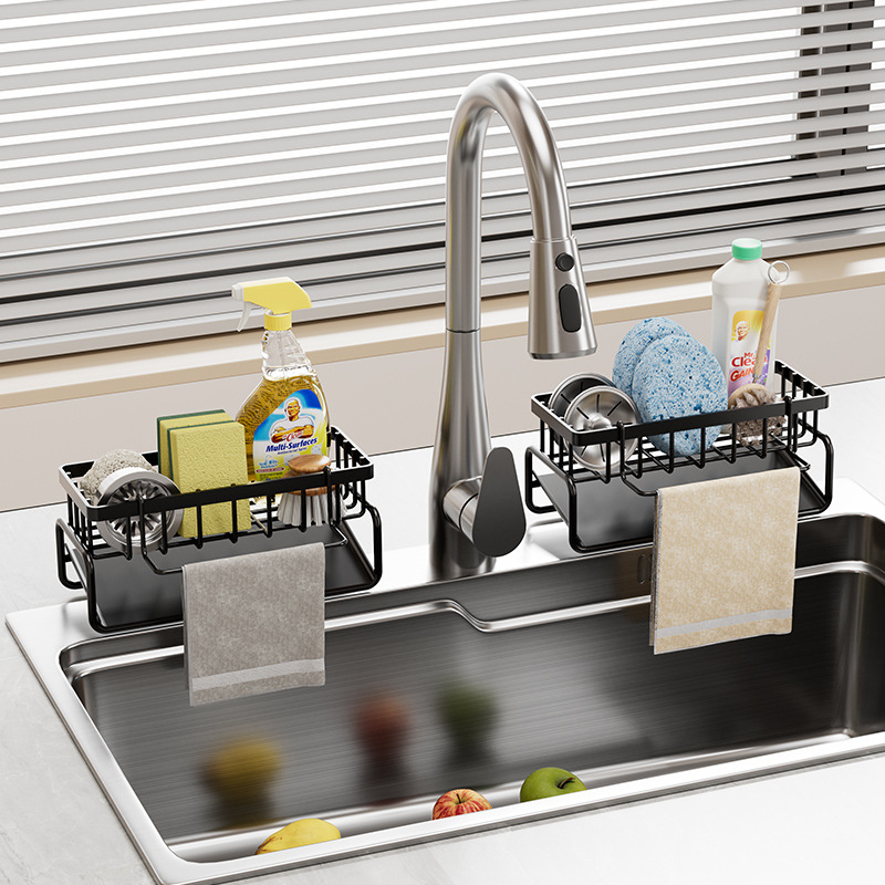 Kitchen drain rack, sink dish soap dispenser, sponge & cloth organizer, draining tool, multi-functional storage shelf for the sink