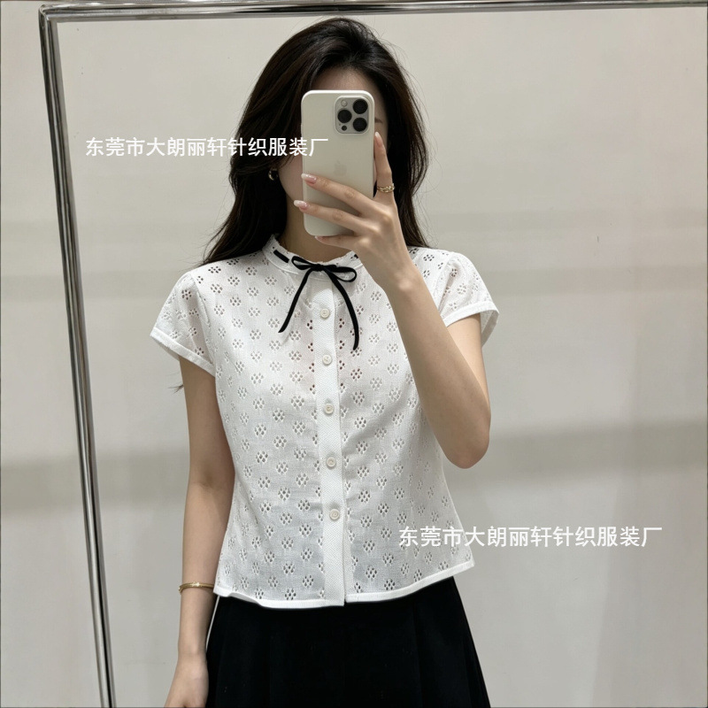 Summer New Style Elegant Black Bowknot Chanel-Style Hollow-Out Embroidered White Short-Sleeve Cute Hollow-Out Shirt for Women