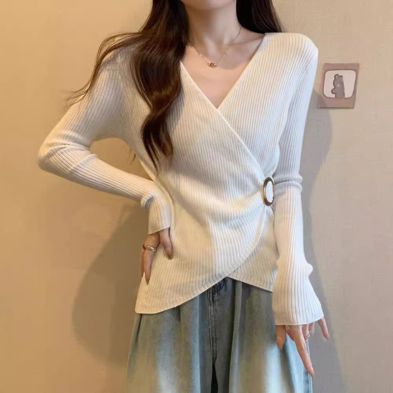 小香風Vネックリブ編みインナーシャツTシャツレディース春秋新作ゆったり着痩せ大きいサイズ純欲系トップス女性用|undefined