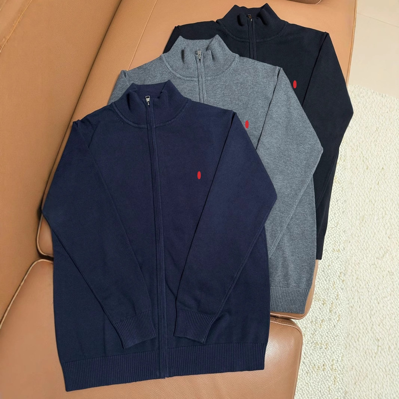 American Casual Knitwear Men's Full Zipper Cardigan Knitwear Cotton Knitwear Stand Collar Youth Pony Logo Jacket