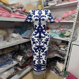 跨境新款女装时髦提花绷带连衣裙礼服修身时尚圆领中国风长裙女