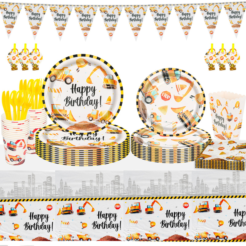 Construction Vehicle Digging Machine Theme Baby Puzzle Birthday Party Disposable Paper Cup Paper Plate Tableware suit Decoration