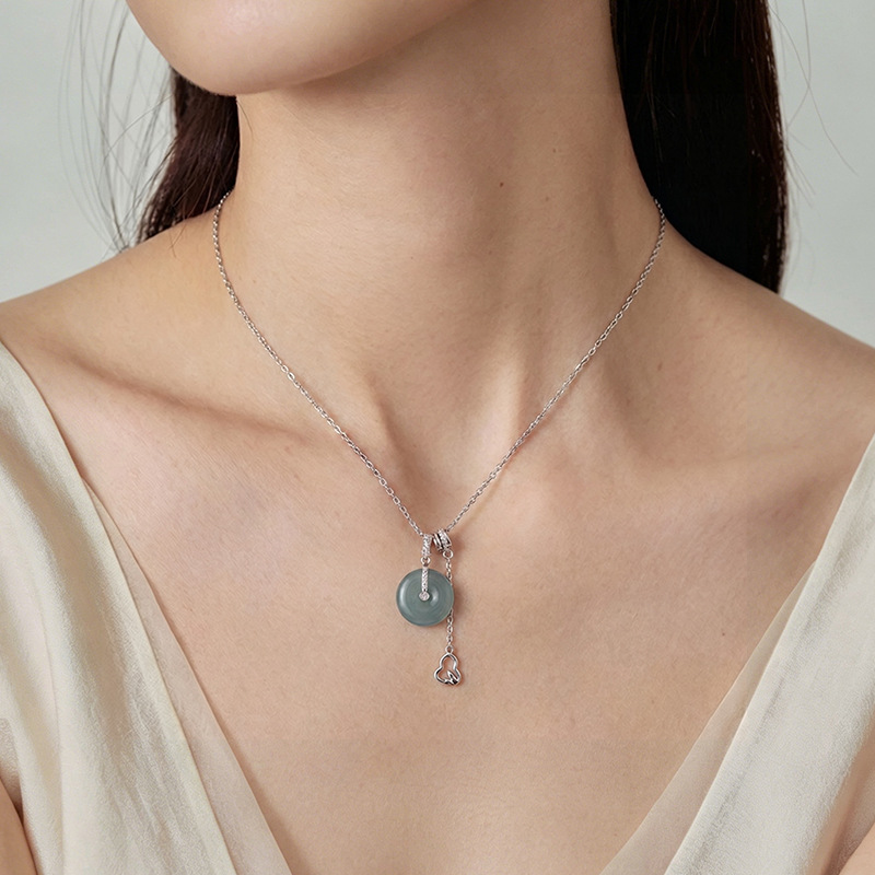 Dây chuyền bạc S925 mặt ngọc bích tự nhiên hình khóa an toàn — Bộ chuỗi