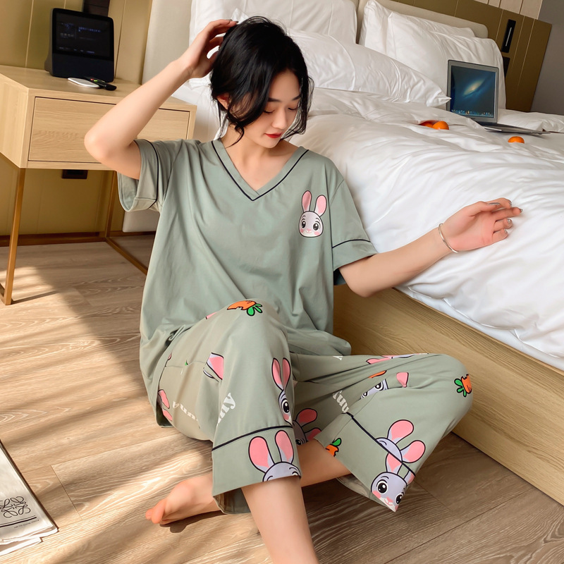 Spring and Autumn Large Size Cartoon Home Clothes Women's Thin Cotton Suit Large Size Short-sleeved Ankle-length Pants Printed Two-piece Set for Summer
