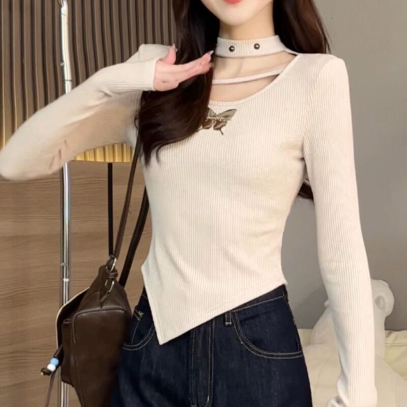 不規則な長袖の底のシャツのtシャツの女性の春と秋の冬はやせている大きいサイズのデザイン感があります。|undefined