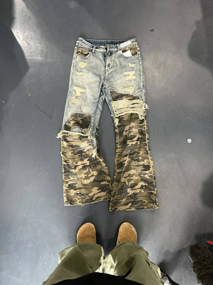 American Retro Fake Two-piece Jeans Design Sense Premium Camouflage Splicing Ripped Men's Cleanfit Straight Pants_viptrois.com