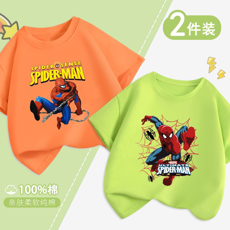 Boys' Short-Sleeved T-Shirt Summer Pure Cotton Spider-Man Clothing for Older Children Summer Thin Half-Sleeve Boys' Top Trendy
