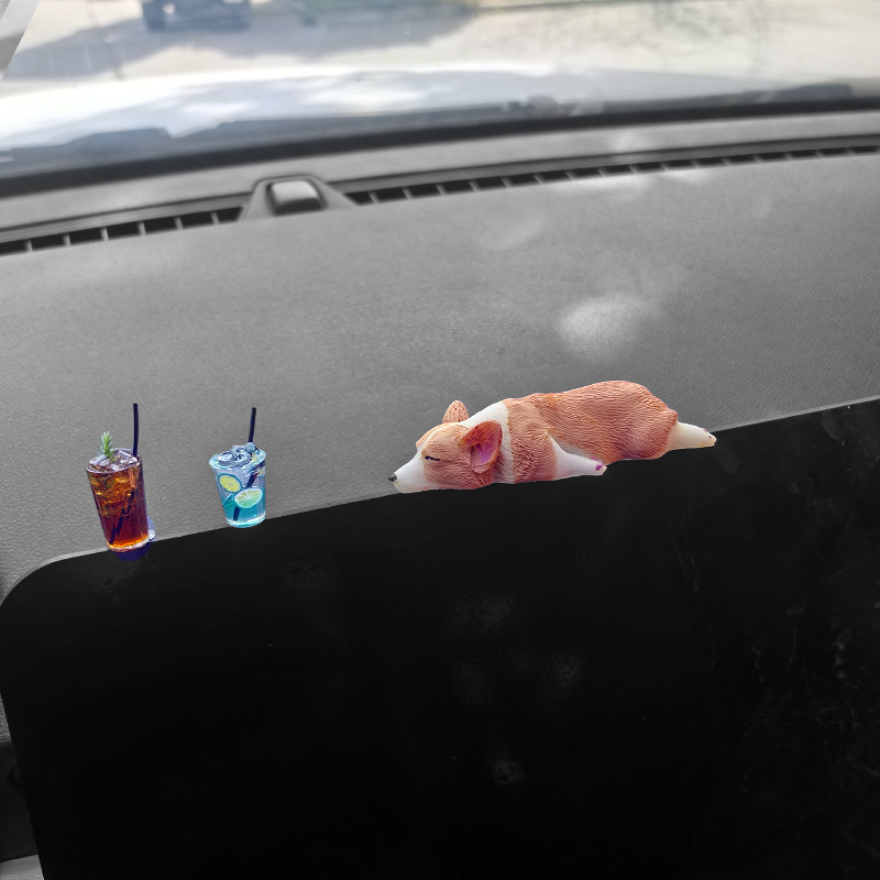 Mini posición para dormir, decoración de coche Corgi, decoración creativa de la consola central del coche, lindo coche de perrito de resina
