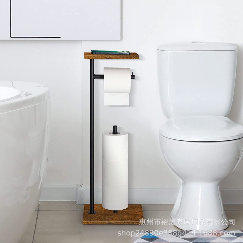 Freestanding Toilet Paper Holder with Wooden Tray, Modern and Simple Design
