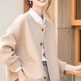 欧货漂亮驼色针织外套女士2024秋冬新款小个子宽松外搭羊毛上衣服