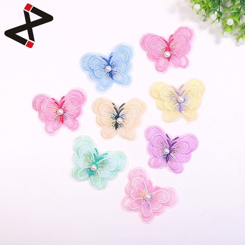 热销发夹装饰配件蝴蝶辅料 DIY新款钉珠双层5cm刺绣蝴蝶补丁布贴