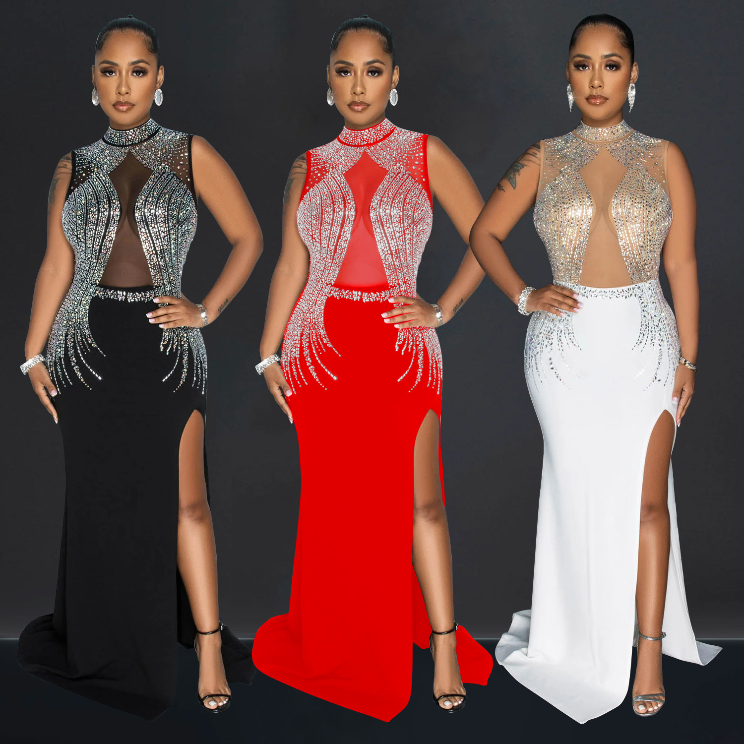 C6860 transfronterizo AliExpress Amazon de moda europea y americana de las mujeres de color sólido de malla de diamantes de imitación vestido partido vestido