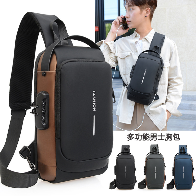 新しいメンズサイクリングバッグパスワードロック盗難防止チェストバッグメンズクロスボディバッグチェストバッグアウトドアスポーツUSBインターフェースチェストバッグ|undefined