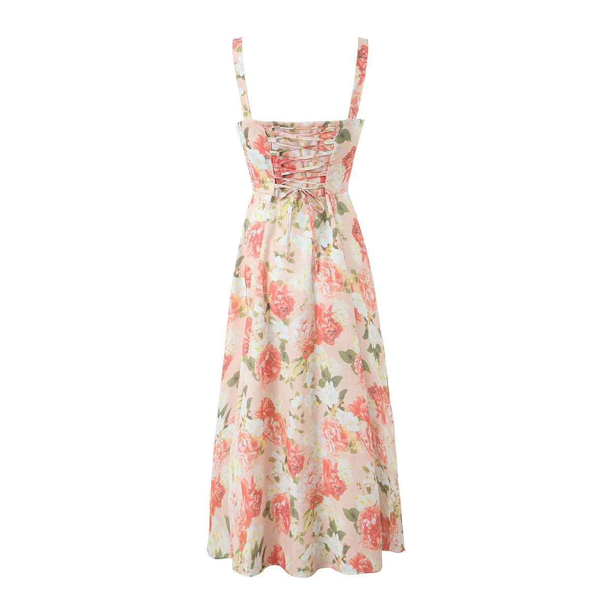 ZR style women's fashionable cotton printed lace up loose mid length camisole dress