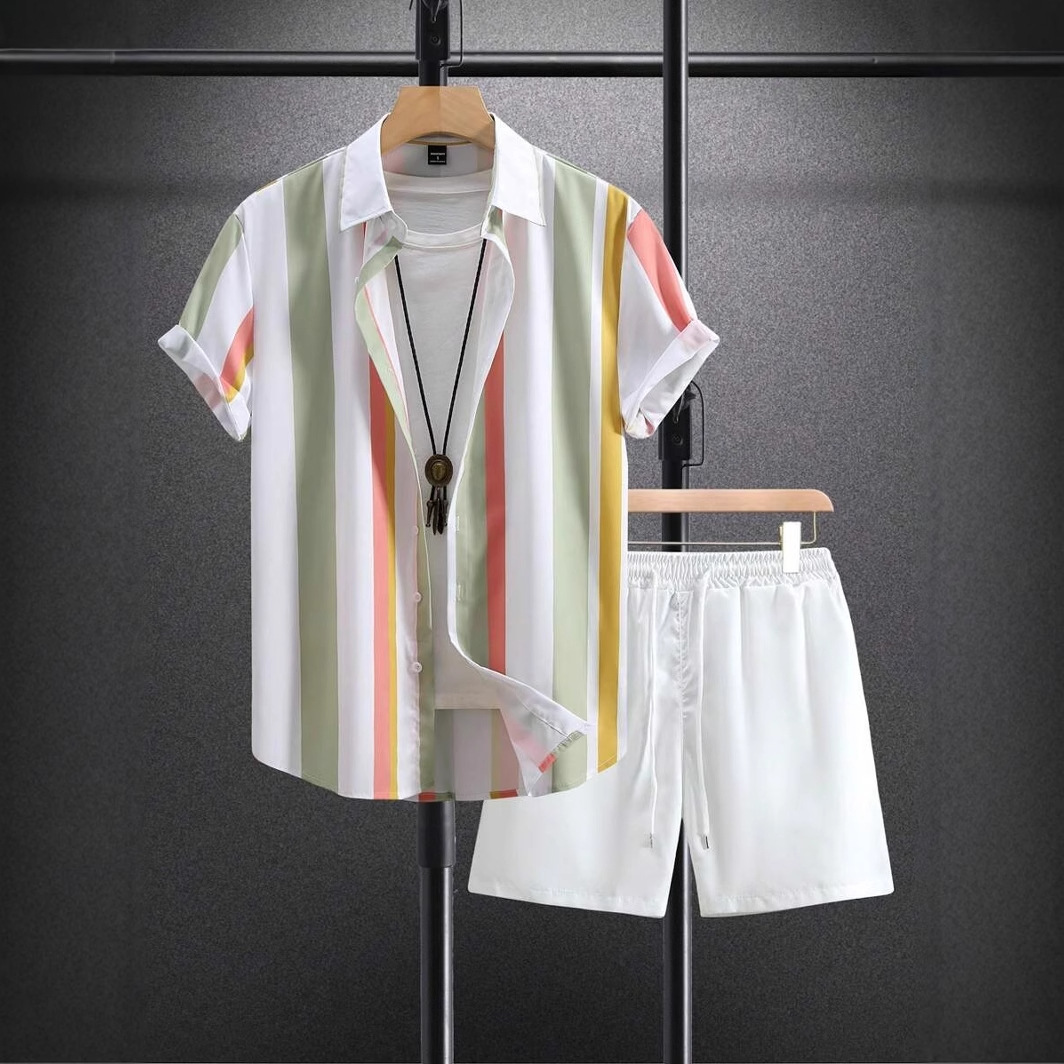 Traje de pantalones cortos de camisa de vacaciones hawaiana de verano de Xiyin transfronterizo 2024 venta caliente a rayas color de contraste impresión 3D