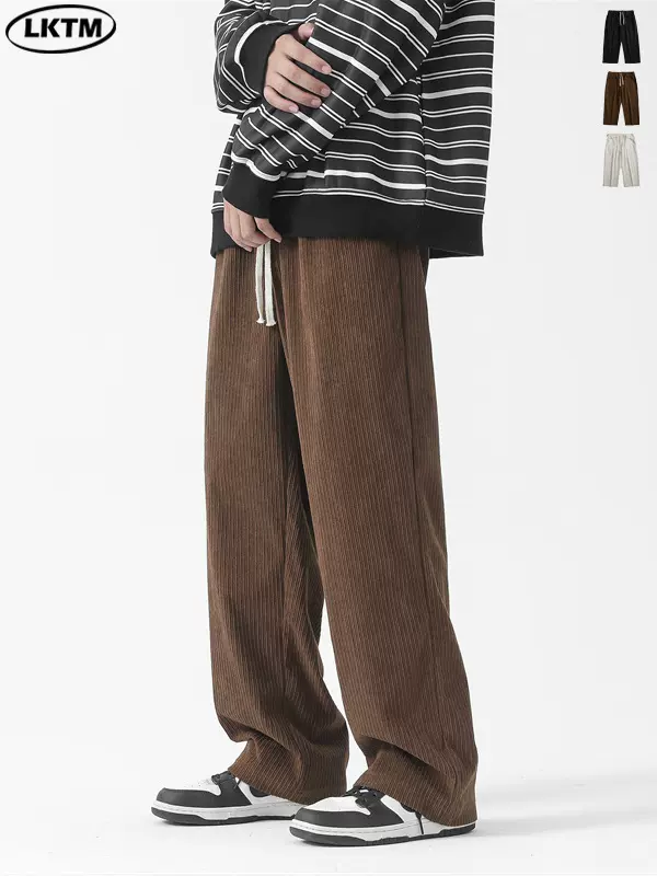 LKTM男装#复古灯芯绒休闲裤男ins潮牌青少年宽松抽绳宽松阔腿长裤