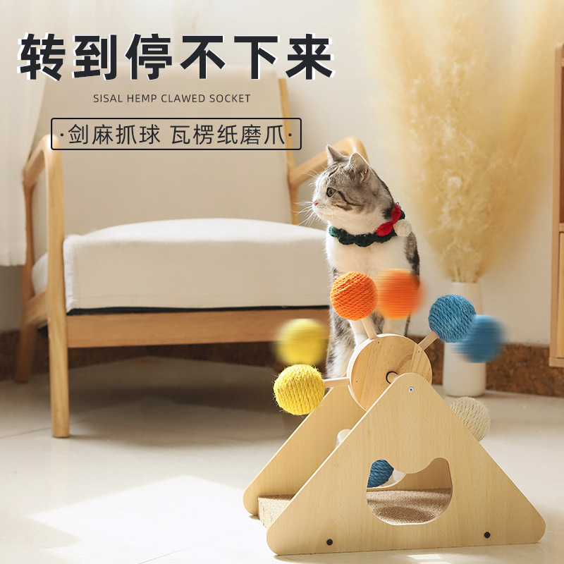 Auto-hola juguetes para gatos aburridos, rueda de la fortuna triangular de madera maciza, tabla de agarre para gatos, bola de agarre para gatos vertical, resistente al desgaste, sin astillas, garras de molienda