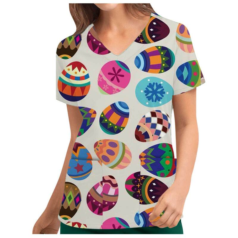 2022 European and American wish Popular Women's CloThing RabbiT Egg PrinT ShirT EasTer v Neck ShorT-sleeved BoTToming T-shirT Women's CloThing