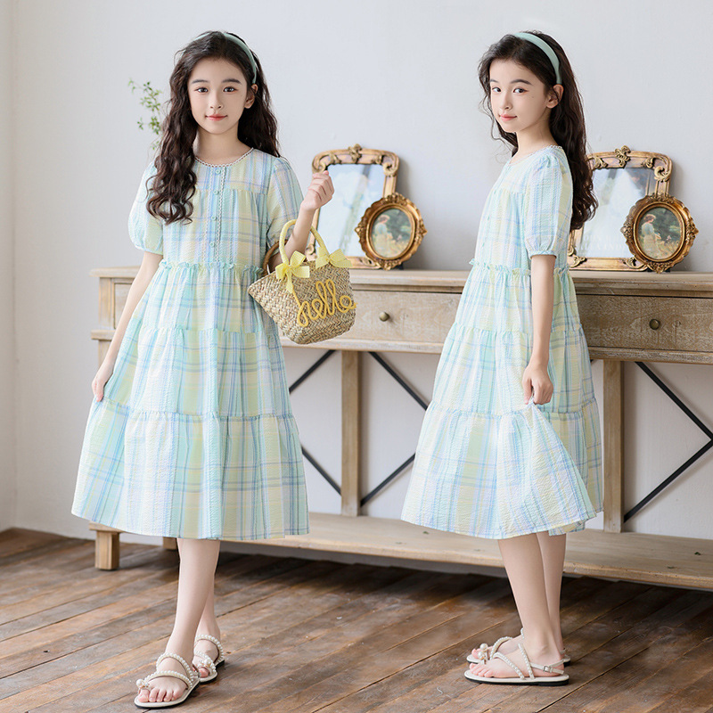 Children's Girls dress Summer Dopamine Plaid Skirt 2024 New Children's Little Girl Princess Skirt