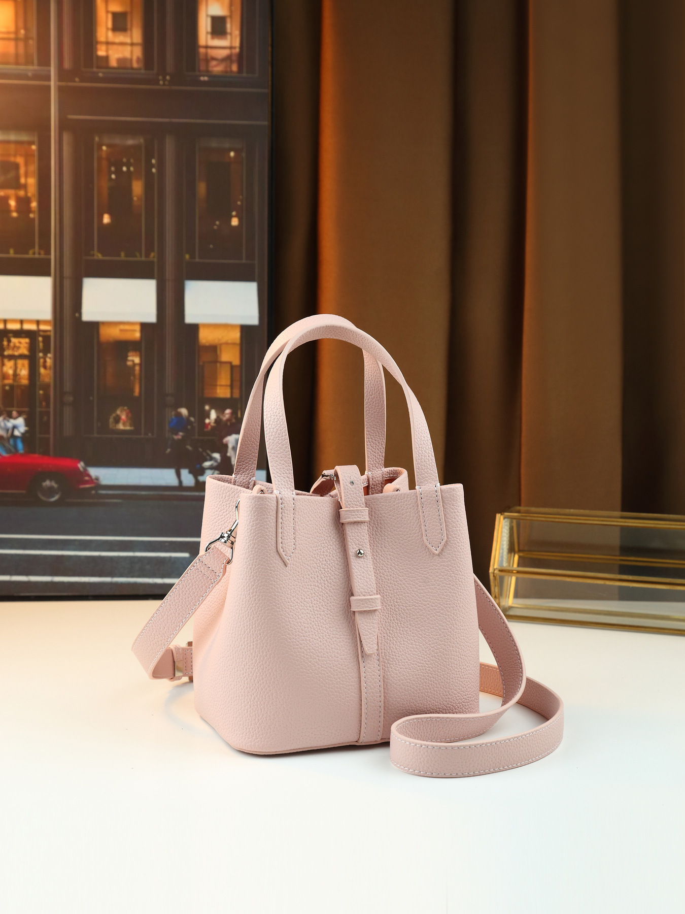 Lychee Pattern Women's Handbag Solid Color Bucket Bag Versatile Shoulder/Crossbody Bag For Commuting PU Leather Zipper Closure Medium Size_voghion.com