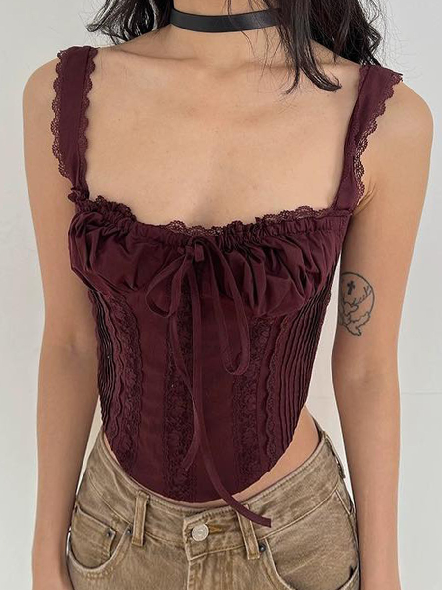 Women's Lace Splicing Straps Camisole Short Irregular European American Style Sexy Top for Hot Girls_ecoleips.com