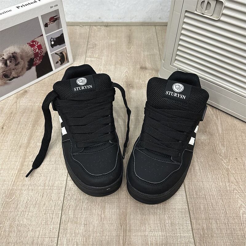 Hong Kong Style Black and White Color Matching Bread Shoes for Men Ins2024 Autum New Versatile Casual Sports Sneakers for Women