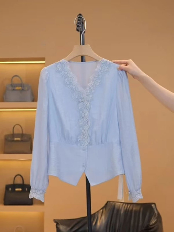 Plus Size French Style Lace Collar Thin Long-Sleeved Shirt for Women 2025 Spring Design Shirt Top Trendy