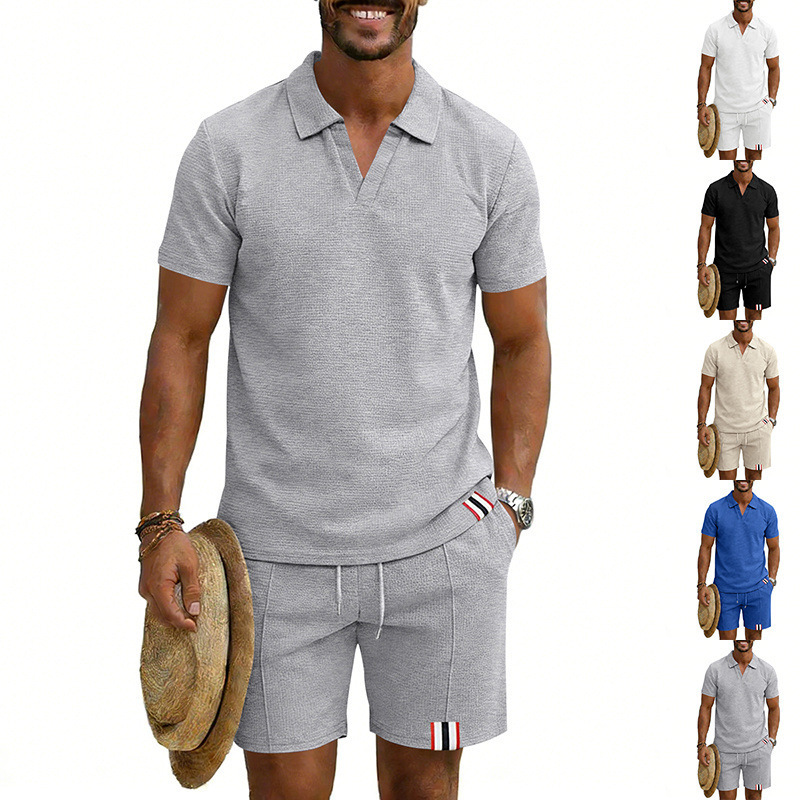 Men's Summer Waffle Knit Polo Shirt And Shorts Set, Casual Breathable Comfort Outfit For Daily Wear Lightweight & Quick-Drying Fabric_viptrois.com