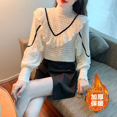 velvet thickened lace base shirt for women in autumn and winter 2025 new sweet and fashionable style, ruffled turtleneck long sleeves