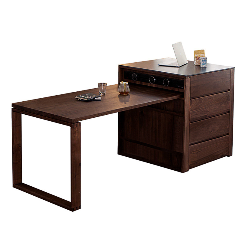 A4L黑胡桃木岛台餐桌一体可伸缩家用岩板中岛台单独厨房橱柜实木