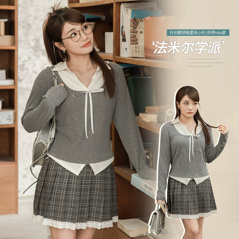 Корейская версия поддельные два цвета с лацканами, маленькая рубашка с бантом, толстый мм, большой размер, воротник POLO, талия, тонкий топ 65204