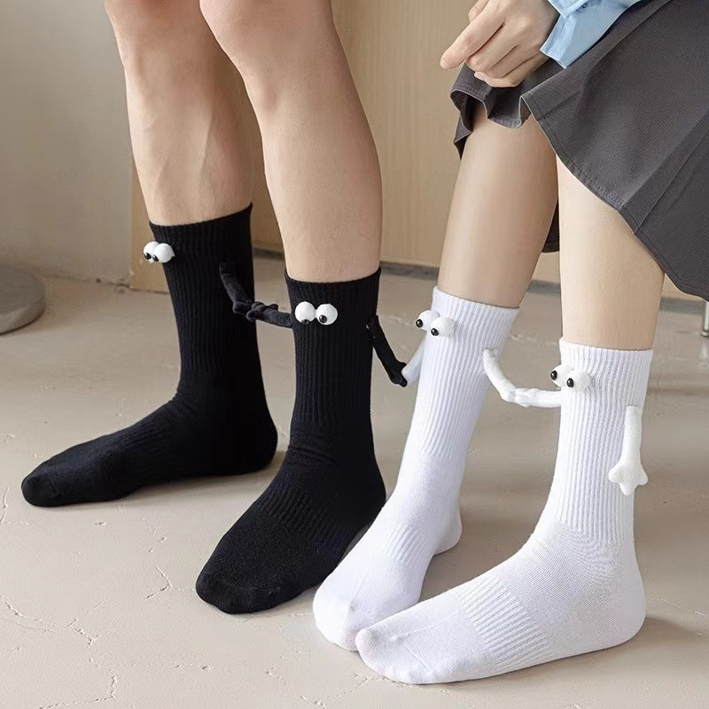Magnetic Couple Will Hold Hands Socks Black And White Tube Socks Girls' Y Non-slip All-match Stockings