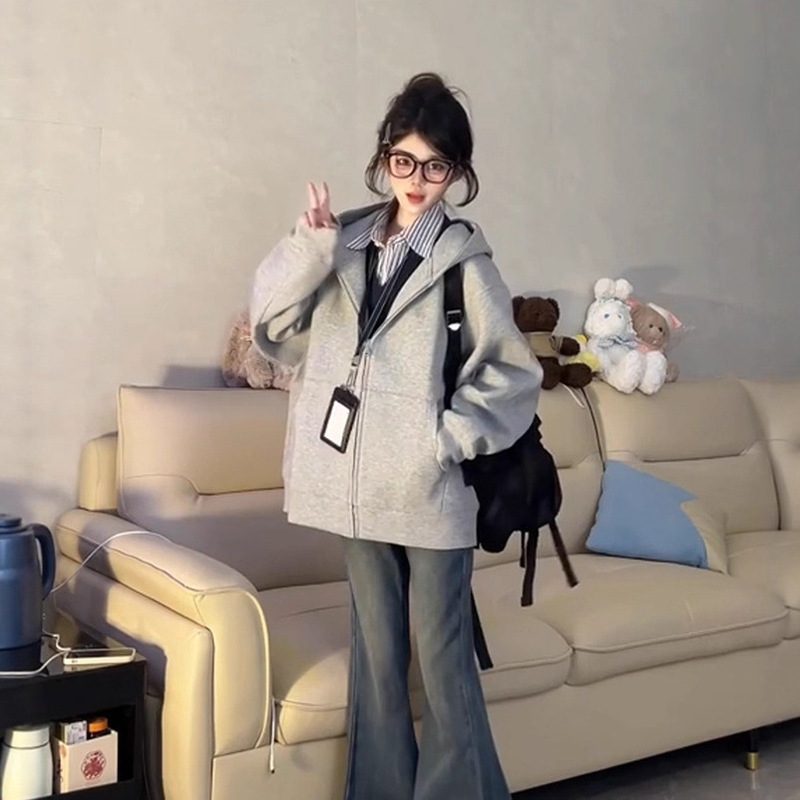 Women's Jacket Spring and Autumn 2025 New Style Loose Hooded Sweatshirt Casual Zip-Up Cardigan Sports Style Top Japanese and Korean Casual Style