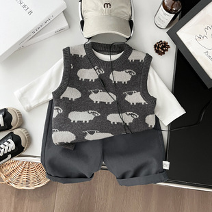 Korean-style Children's Wear Boy's Vest Spring and Autumn New Baby Cartoon Animal Jacquard Vest Children's All-match Clothes