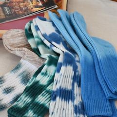 水墨油畫風 扎染漸變色併線雙針竹節紗情侶款棉襪 街頭潮牌毛巾襪