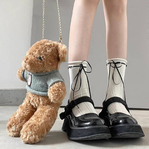 Spring and summer ribbon bow straps soft girl short JK college color-blocked calf socks Lolita white thin cotton socks