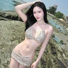 2026新款性感亮片bikini三件套感披肩沙滩长裙海岛度假泳衣女