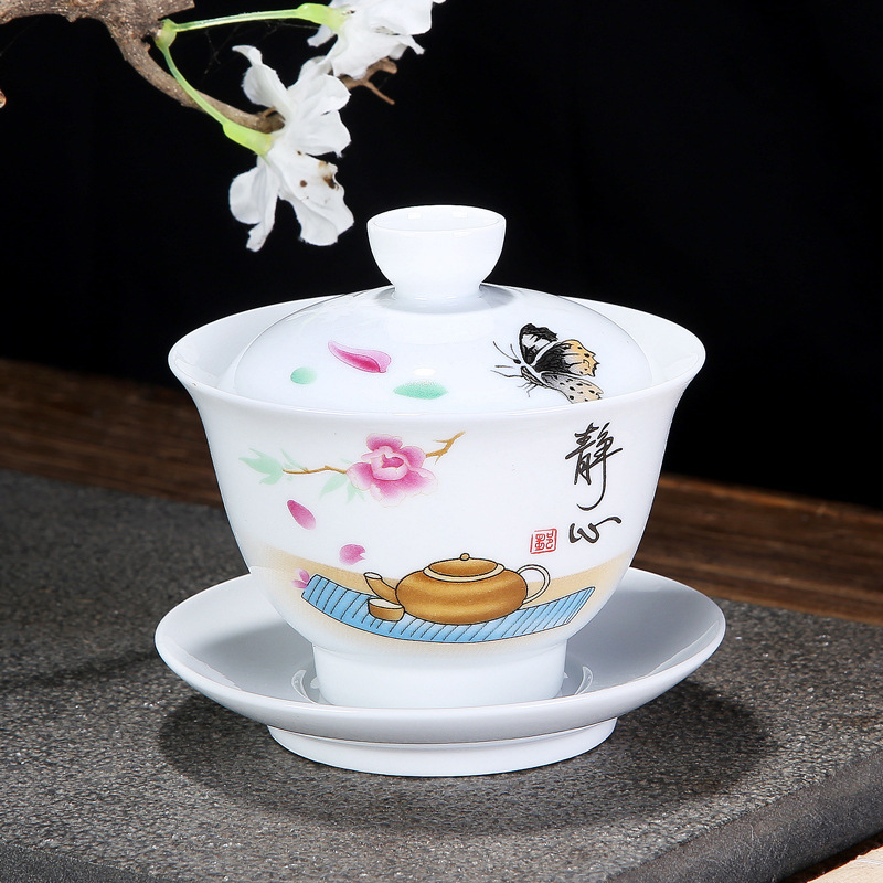 Ceramic Covered Bowl Tea Cup High White Tea Set Sancai Bowl Kung Fu Tea Bowl Blue Polo Bubble Tea Bowl LOGO Customization