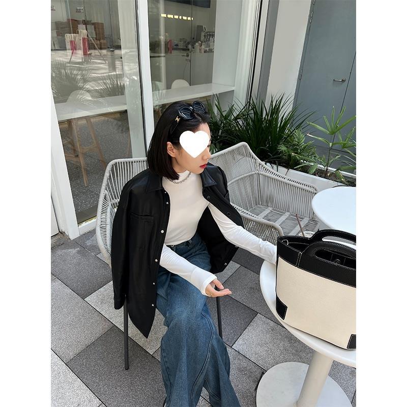 MEIYANG MEIYANG 근육베이스 셔츠 레이어 2 피부 같은 슬림 핏 모의 칼라 스웨터