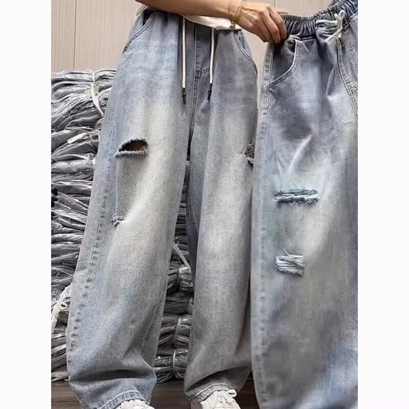 Ripped Raw Edge Straight Jeans for Women Summer American Retro Petite Drawstring Elastic Waist Wide Leg Pants