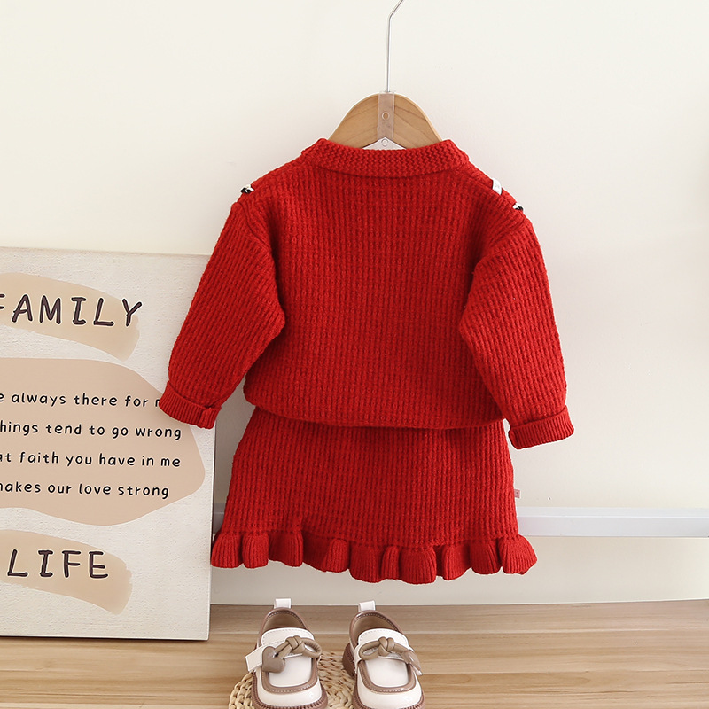 Kinder Pullover Kleine Duftende Tasche Gestrickte Rock Mädchen Baby Modische Einfarbig Strickjacke Zwei stück Set_voghion.com