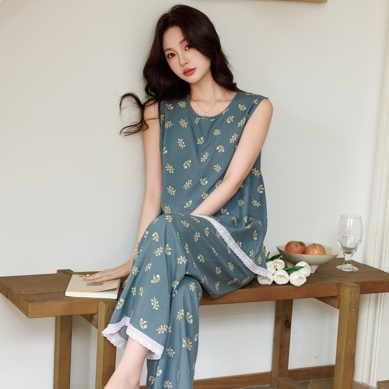 Cotton Silk Pajamas for Women, Summer Thin Sleeveless Long Pants Set, Artificial Cotton Vest, Floral Loose Loungewear, Wide-Leg Pants
