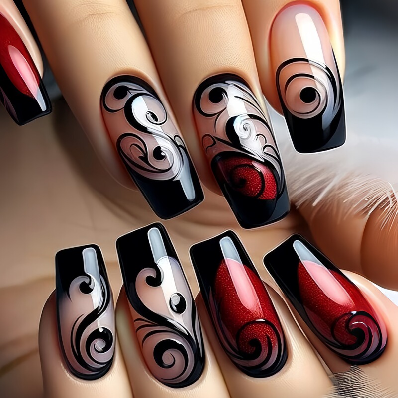 Long Ballet Armor Black and Red Mixed Color Flower Hollow Nail Art Patch Removable 24 Fake Nails