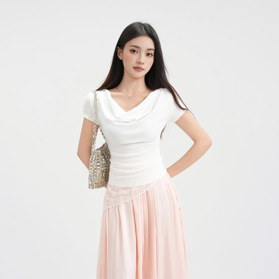 Jiyou French Pleated Shoulder Swing Collar Design Sense 2025 Summer Short-sleeved T-shirt Women's Chic Beautiful Top
