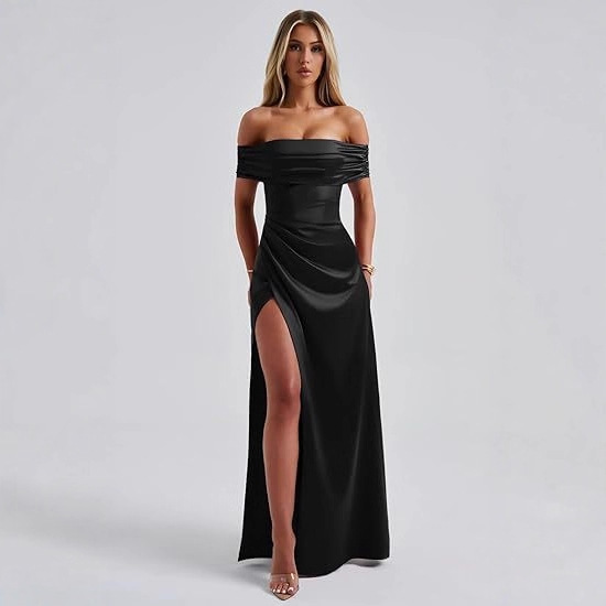 Black One-Shoulder Evening Dress, Elegant Banquet Party Cross-Border New Style Side Slit Long Dress Fashion Dress