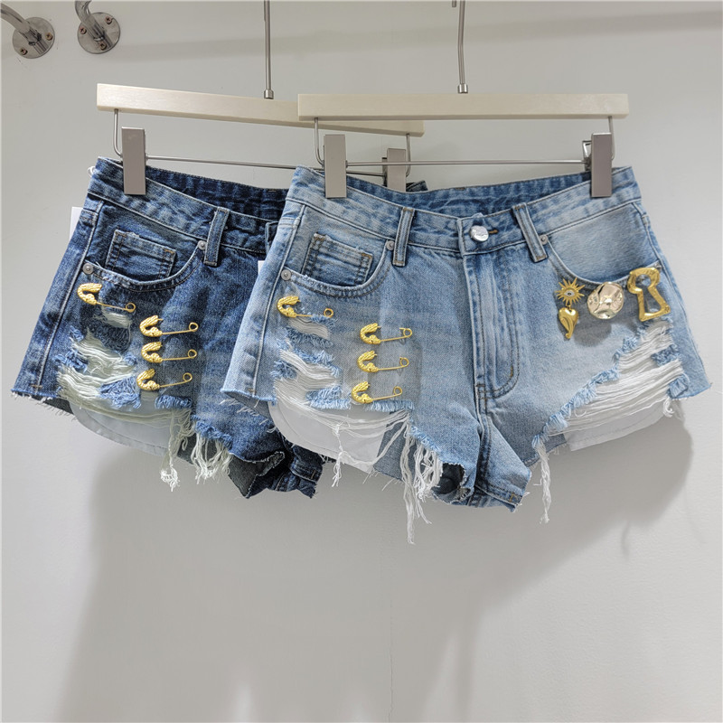 Shorts de Mezclilla de Tiro Alto de Mezclilla de Poliéster con Efecto Desgastado