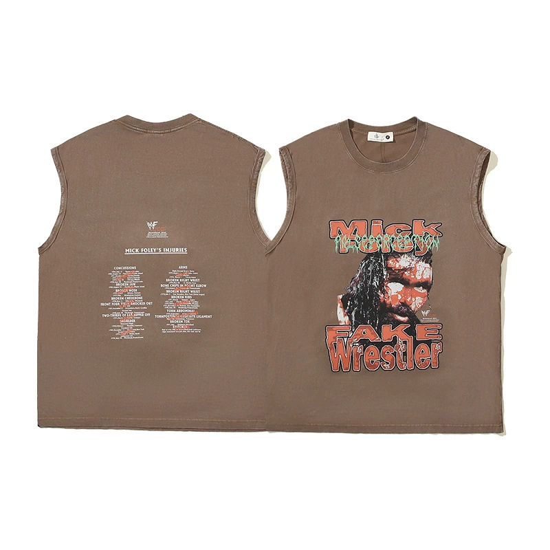 Американская ретро уличная стираная футболка без рукавов, мужская летняя модная футболка для фитнеса, жилет большого размера