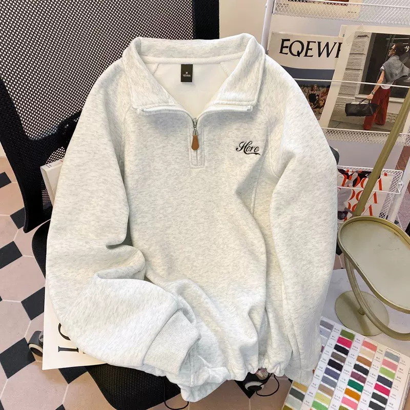 立领卫衣女加绒加厚秋冬2025新款慵懒风休闲宽松半拉链外套上衣春